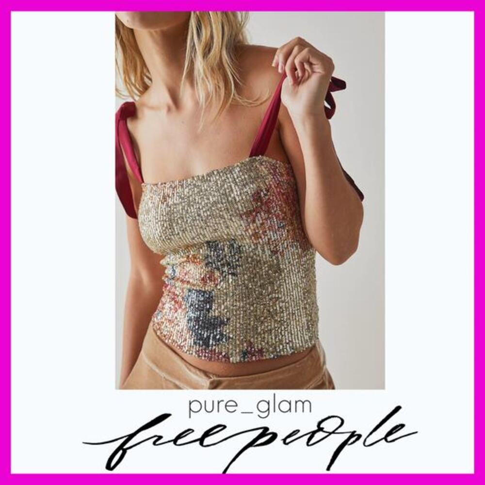 Free People Sequin Floral Crop Top with Burgundy Tie Straps